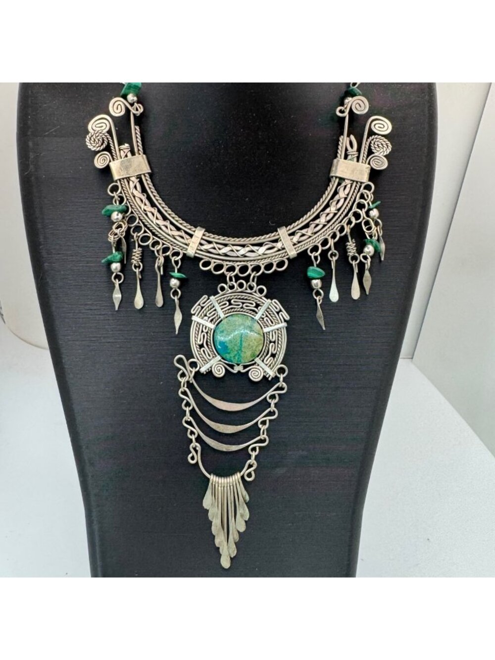 Vtg Alpaca Turquoise Statement Choker Bib Chandelier Drop Dangle Necklace 18"